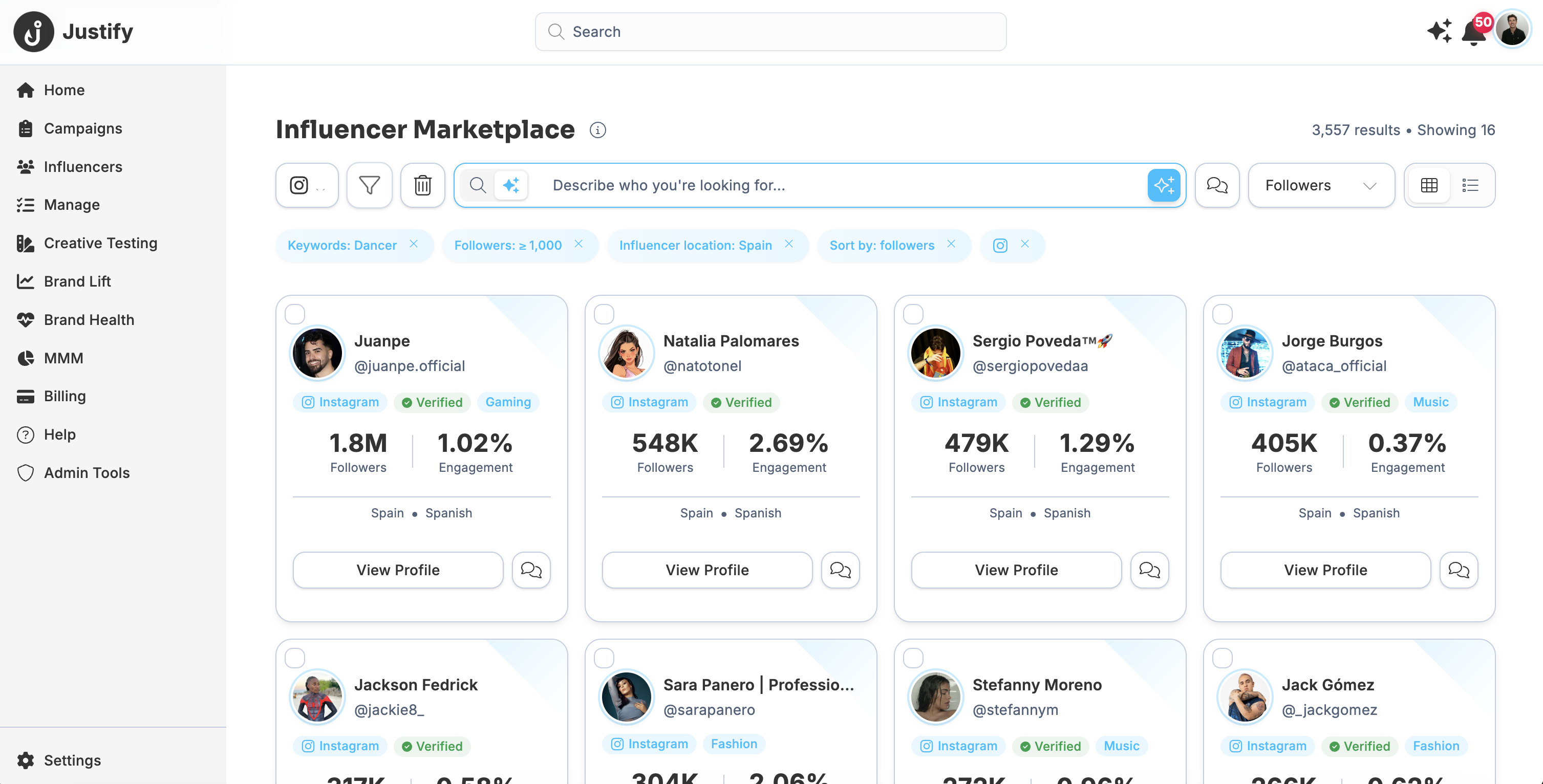 Justify Influencer Marketplace — search and shortlist creators in one place